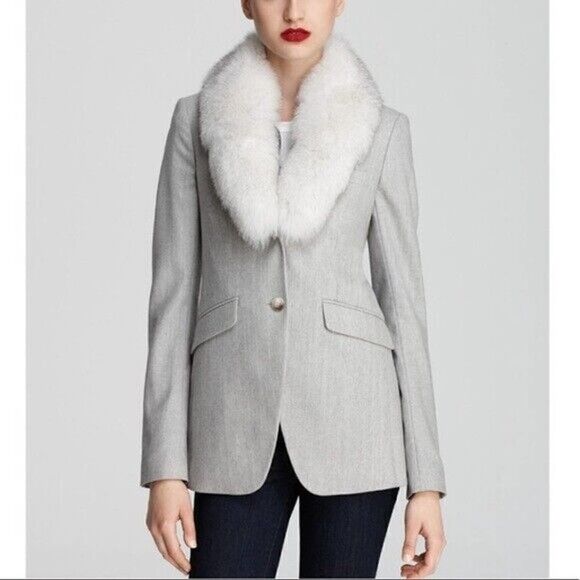 NWOT THEORY gray wool blazer jacket with removable Real blue fox fur trim US 0 - Picture 1 of 9